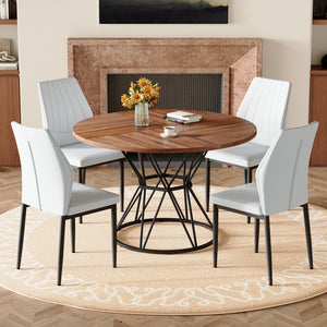 English Elm Table and Chair Set Walnut Round Dining with Hourglass Base Four Fabric Seats Walnut+Black,White W1151S04857