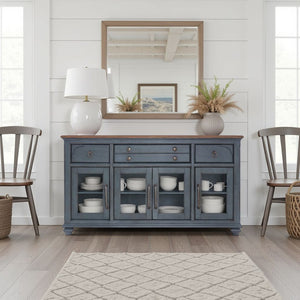 English Elm Americana Distressed Blue Buffet Cabinet with Glass Doors and Antique Pewter Hardware B108P411433