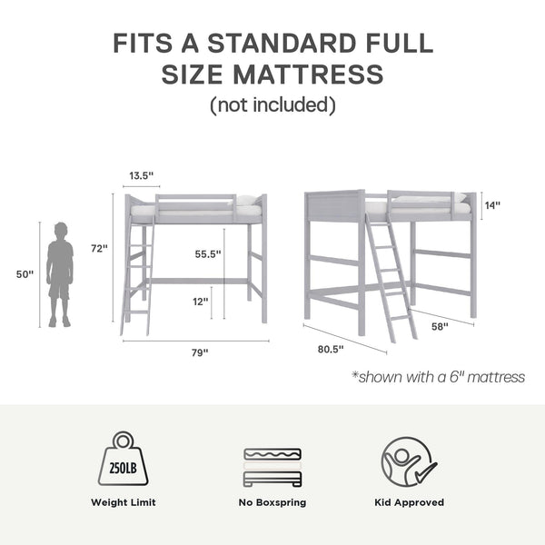English Elm Denver Full Size Loft Bed with Ladder & Guardrails, Gray Wood Space-Saving Design for Kids Rooms B2733P384490