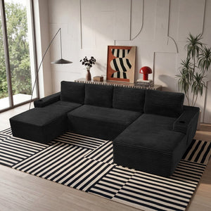 English Elm Compressible Corduroy U-shaped Sectional Cloud Sofa Modular Living Room Couch Black W5515S00027