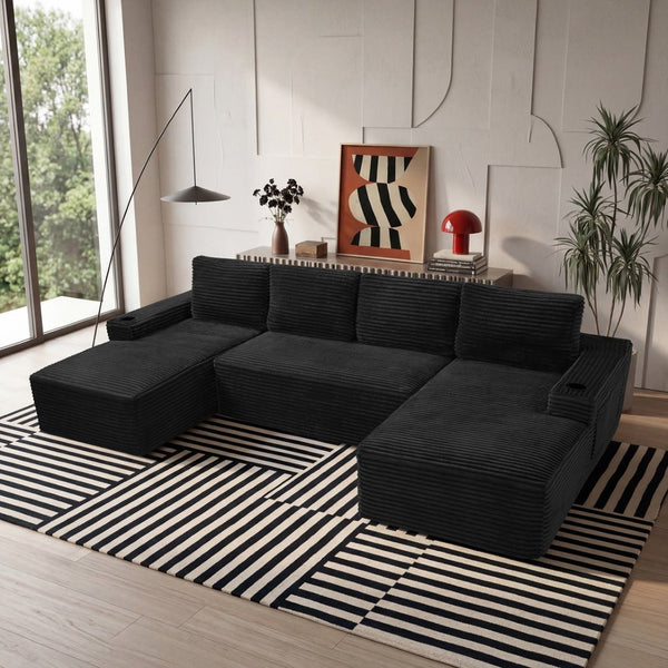English Elm Compressible Corduroy U-shaped Sectional Cloud Sofa Modular Living Room Couch Black W5515S00027