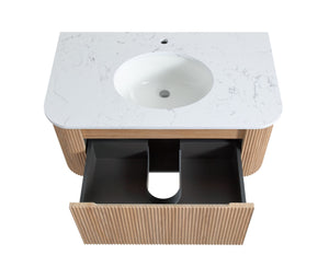 English Elm Arcora Floating Bathroom Vanity Slatted Wood Front Carrara Marble Ceramic Sink Modern W3235S00008