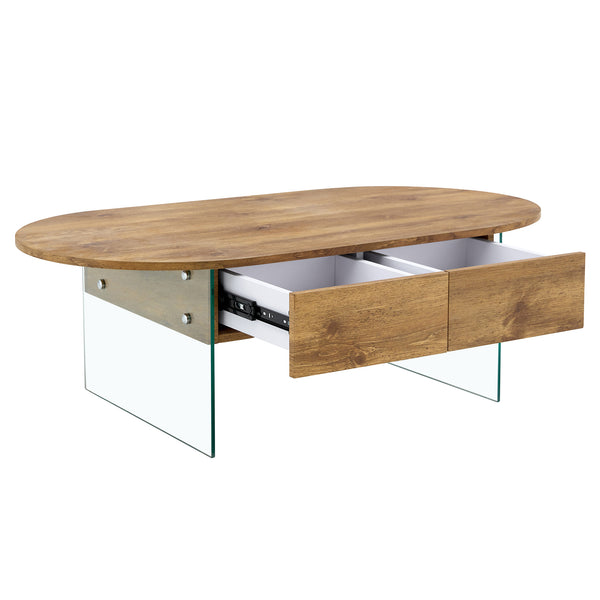 English Elm Coffee modern wood coffee table with double drawers, tempered glass sides, sleek storage & easy assembly W1151P191785
