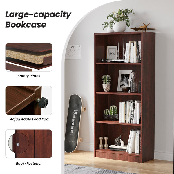 English Elm Bookcase Freestanding 4-Shelf Wood Bookshelf with Adjustable Shelves Sturdy Multipurpose Storage Unit for Home Office and Display (60x17x7) Cherry T3623P408796