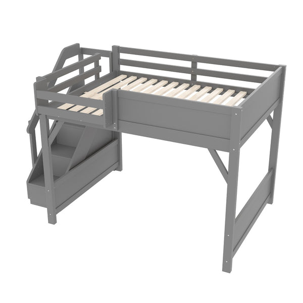 English Elm Twin Low Loft Bed Solid Pine Frame Kids Study Desk Blackboard Storage White Gray W1580S00469