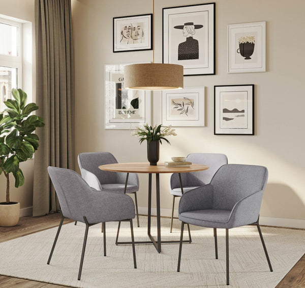 English Elm Dining Chair Set of 2 with Black Metal Frame and Grey Upholstered Cushioned Seat B202P471347
