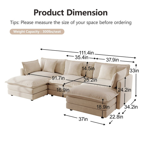 English Elm U-shaped Chenille Sectional with Dual Ottomans Modular Living Room Couch 5 Seat W714S00903