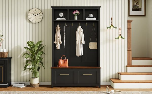 English Elm On-trend Entryway Hall Tree with Gold Hooks Bench Drawers and Shoe Cabinet Storage Black N721S000056B-1