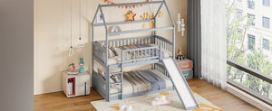 English Elm Twin Over Solid Wood House Bunk Bed with Built-in Slide and Gray Finish LT100213AAE-1
