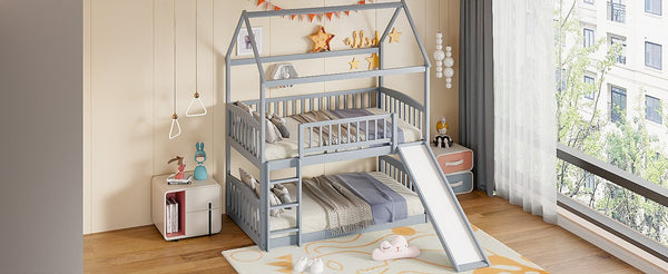English Elm Twin Over Solid Wood House Bunk Bed with Built-in Slide and Gray Finish LT100213AAE-1