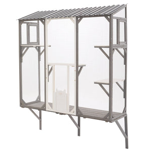 English Elm Outdoor Fir Wood Window Catio Enclosure with Four Climbing Platforms for Cats Grey,White N719P418371K