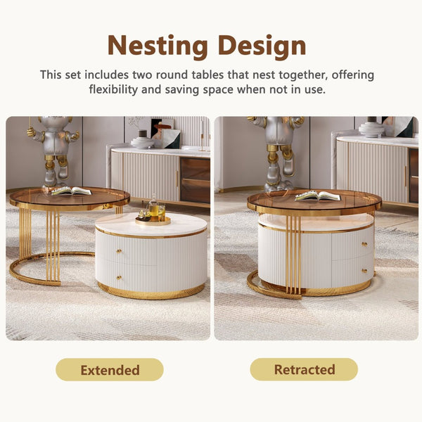 English Elm Modern Round Nesting Coffee Table Set with Gold Pedestal Legs and Storage Drawers Brown,White N735P349323D