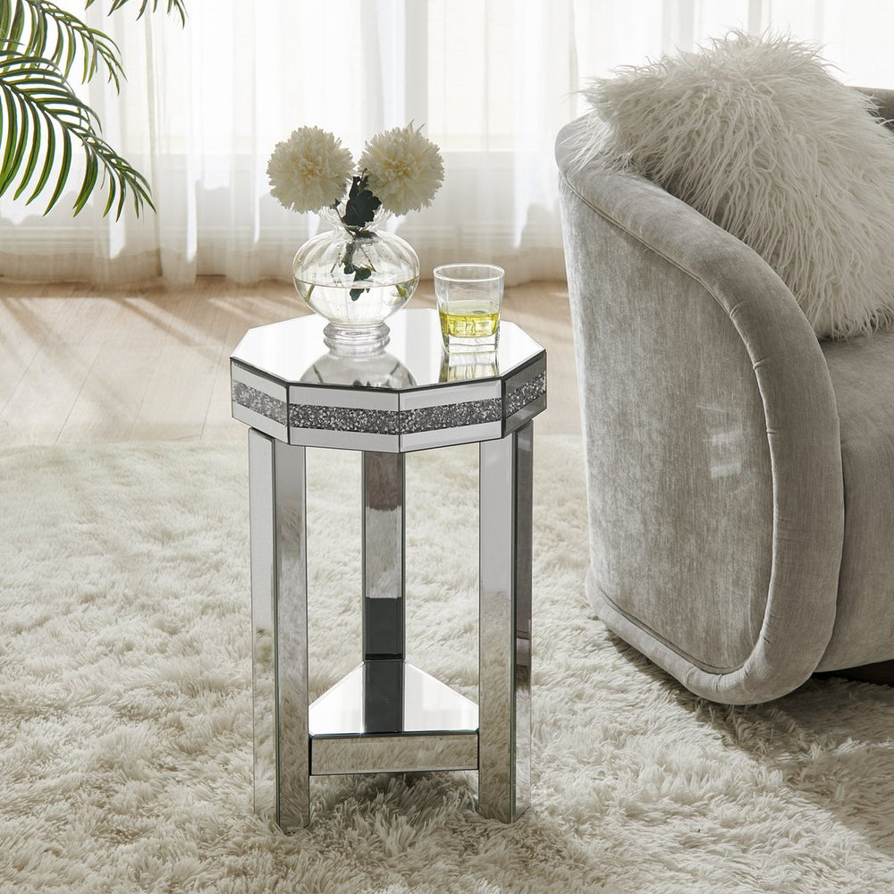 English Elm Mirrored Octagon End Table with Crystal Inlay, 2-Tier Silver Accent Sofa Table for Small Spaces W1005P362467
