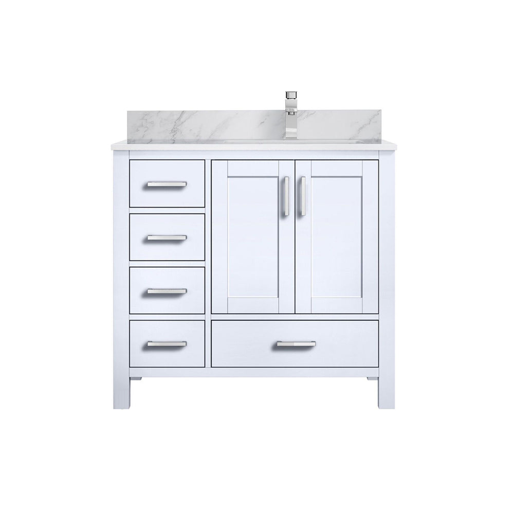 English Elm White 36 in. Bath Vanity with Carrara Marble Right-Offset Top, Soft-Close Drawers & Chrome Faucet Set B2731P259018