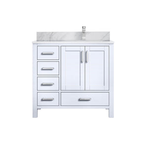 English Elm White 36 in. Bath Vanity with Carrara Marble Right-Offset Top, Soft-Close Drawers & Chrome Faucet Set B2731P259018