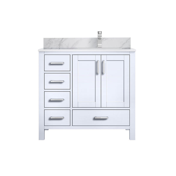 English Elm White 36 in. Bath Vanity with Carrara Marble Right-Offset Top, Soft-Close Drawers & Chrome Faucet Set B2731P259018
