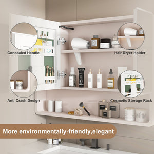 English Elm Aluminium Smart Medicine Cabinet Mirror 35x32 Inch with Defogger, Adjustable LED Lighting & Storage khaki W2700P269441