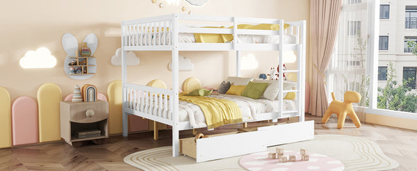 English Elm Full Full Over Full Bunk Bed In White - Durable Rubberwood With 2 Drawers, Converts To 2 Beds, Safe Design W504S00195