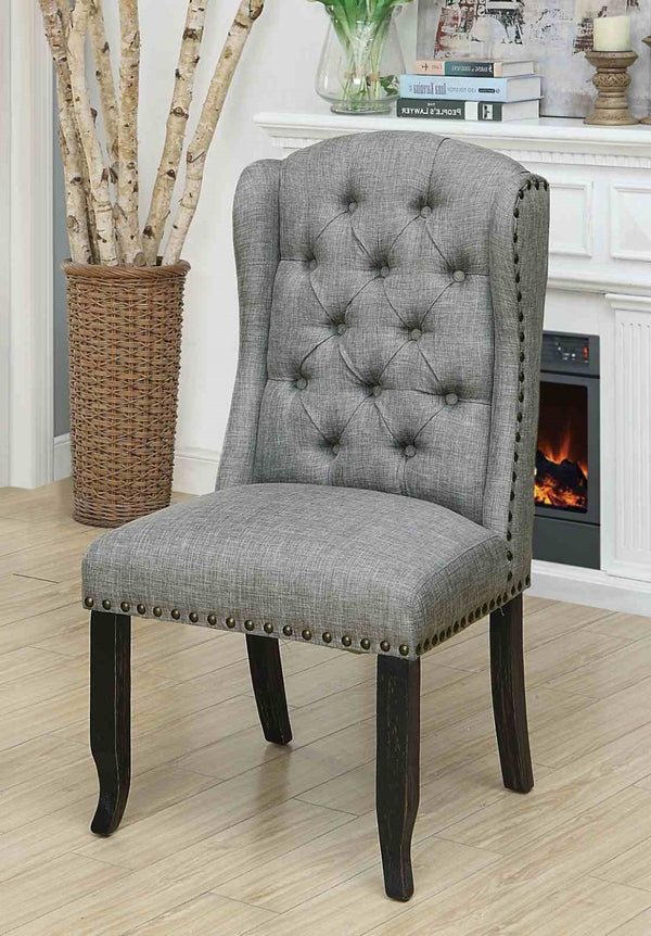 English Elm Rustic 2-Piece Wingback Side Chair Set With Nailhead Trim, Button Tufting, Antique Black & Gray Finish B2741P408969-GIGA