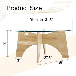 English Elm Round Tempered Glass Coffee Table with Fan Pedestal Base for Modern Living Rooms Natural Wood,Transparent W1151P256001