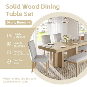 English Elm Topmax Farmhouse Extendable Rubberwood Dining Set Seats Six with Bench and Linen Chairs Natural+Beige N717S000089A