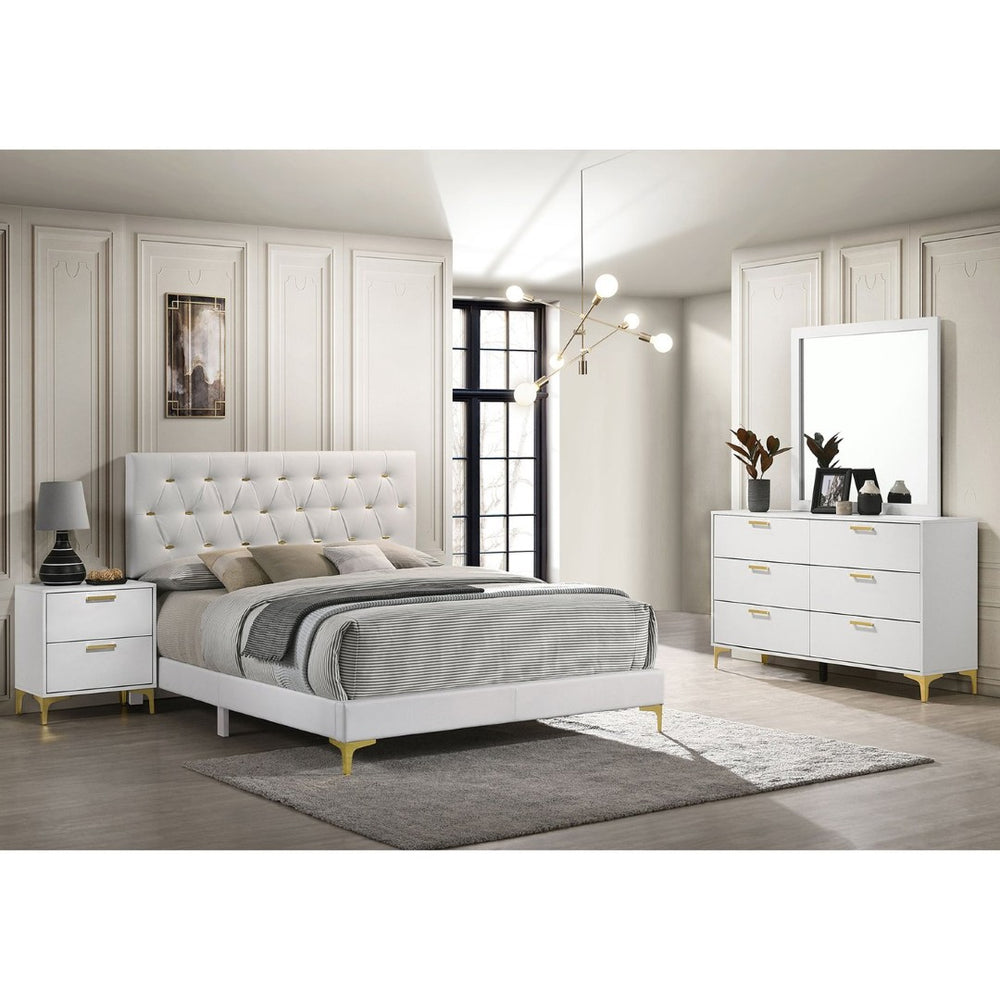 English Elm James White Glam Eastern King Bedroom Set with Tufted Leatherette and Gold Accents B062S01741