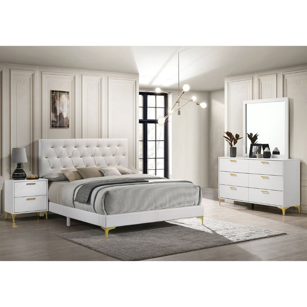 English Elm James White Glam Eastern King Bedroom Set with Tufted Leatherette and Gold Accents B062S01741