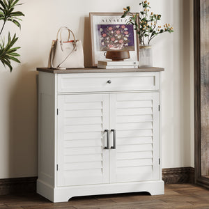 English Elm 16 Pair Shoe Cabinet Tall Freestanding Entryway Organizer with Drawer, Louvered Doors, Durable MDF Storage Brown,Soft White T3771P372927