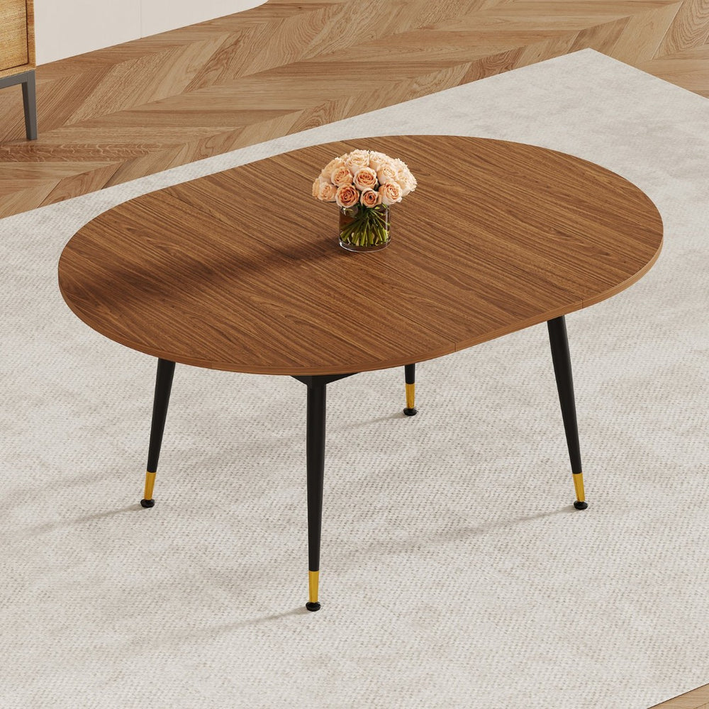 English Elm Walnut Oval Extendable Dining Table Seats up to Ten with Sleek Black Metal Legs W3875S00101