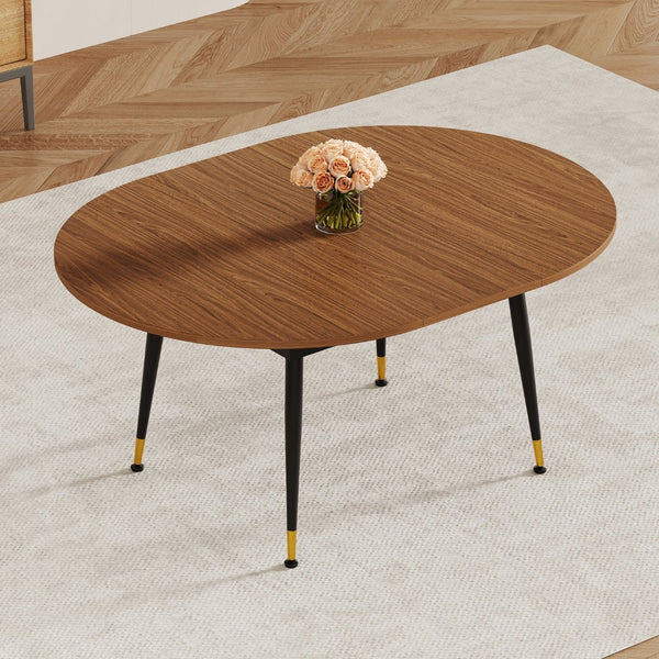 English Elm Walnut Oval Extendable Dining Table Seats up to Ten with Sleek Black Metal Legs W3875S00101