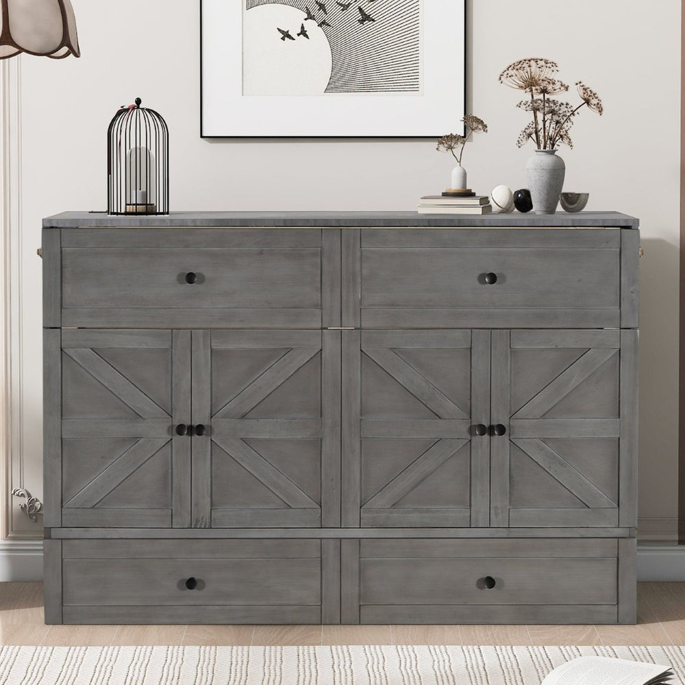 English Elm Queen Murphy Wall Bed with Usb Ports Storage Drawers and Cabinet Style Panel Front Gray N708S00006AAE