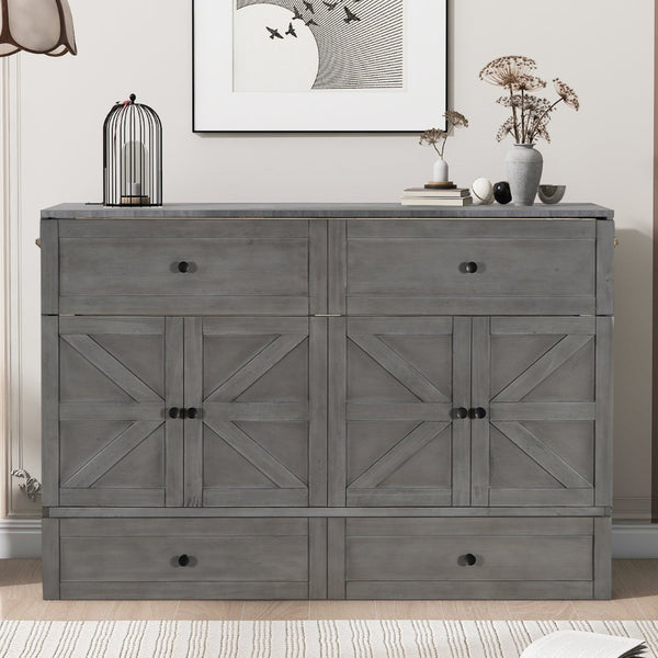 English Elm Queen Murphy Wall Bed with Usb Ports Storage Drawers and Cabinet Style Panel Front Gray N708S00006AAE