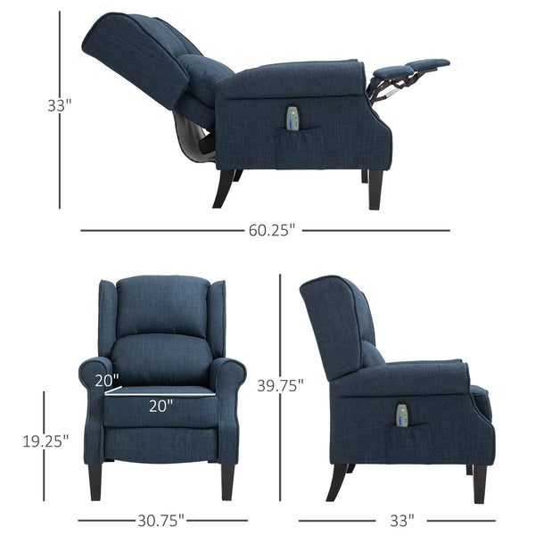 English Elm HOMCOM Linen Massage Recliner Sofa with Heat & Remote, Pocket Spring Comfort, 140° Recline Blue W2225P173854
