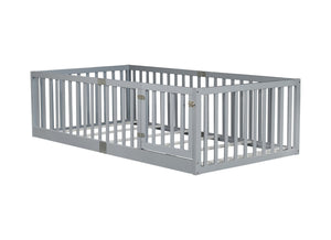 English Elm Twin House Frame Floor Bed Rubberwood with Roof Canopy and Safety Rails for Kids Grey W504P429537