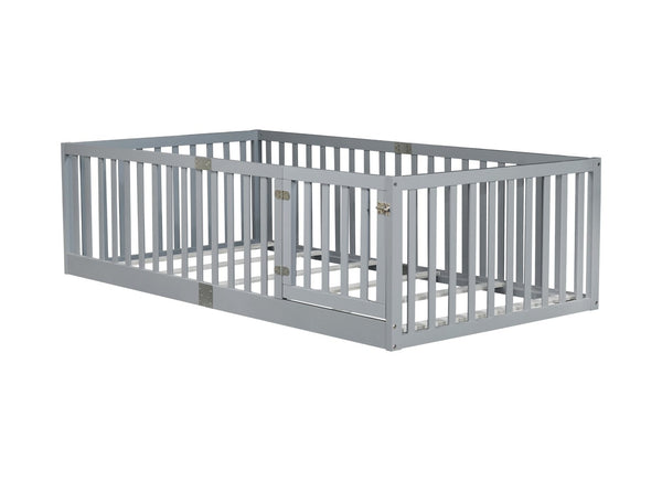 English Elm Twin House Frame Floor Bed Rubberwood with Roof Canopy and Safety Rails for Kids Grey W504P429537