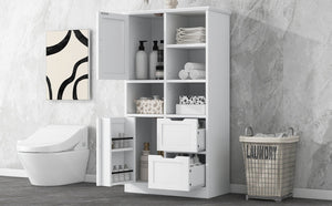 English Elm Bathroom Tall Storage Cabinet with Doors, 2 Drawers, Adjustable Shelf, Anti-Tip, MDF White, Sleek Handles WF530559AAK