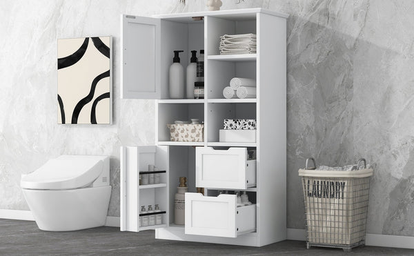 English Elm Bathroom Tall Storage Cabinet with Doors, 2 Drawers, Adjustable Shelf, Anti-Tip, MDF White, Sleek Handles WF530559AAK