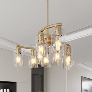 English Elm 9-Light Modern Farmhouse Chandelier with Clear Glass Shades, Adjustable Height, Industrial Iron Fixture Gold W2312P374989
