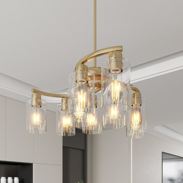 English Elm 9-Light Modern Farmhouse Chandelier with Clear Glass Shades, Adjustable Height, Industrial Iron Fixture Gold W2312P374989