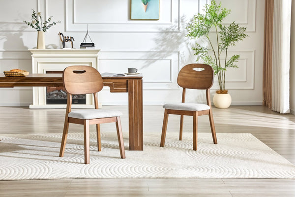 English Elm 2 Solid Walnut Toned Wood Dining Chairs Gray Fabric Seat Hollowed Backrest Modern W1151P455538