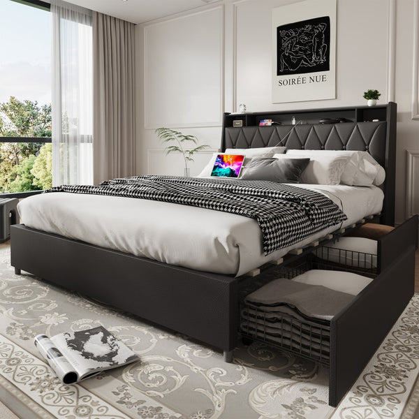 English Elm Queen Metal Platform Bed with Ergonomic Headboard Built-in Outlets and Storage Shelf W3107S00004
