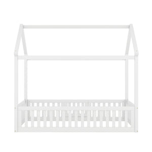 English Elm Twin Pine House Bed with Roof, Fence & Door — Enclosed Playful Design for Cozy Sleep and Imagination White WF531501AAK