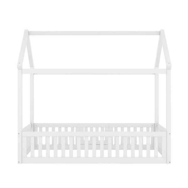 English Elm Twin Pine House Bed with Roof, Fence & Door — Enclosed Playful Design for Cozy Sleep and Imagination White WF531501AAK