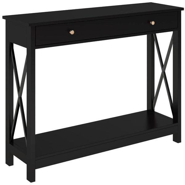English Elm Console Farmhouse Console Table with Drawer and Open Shelves for Entryway Living Room Storage Black T3771P356230