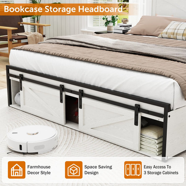 English Elm Farmhouse Queen Size Bed Frame With Integrated Storage, Usb Charging, Rgb Led Lights & Charming White Finish W1550P343690