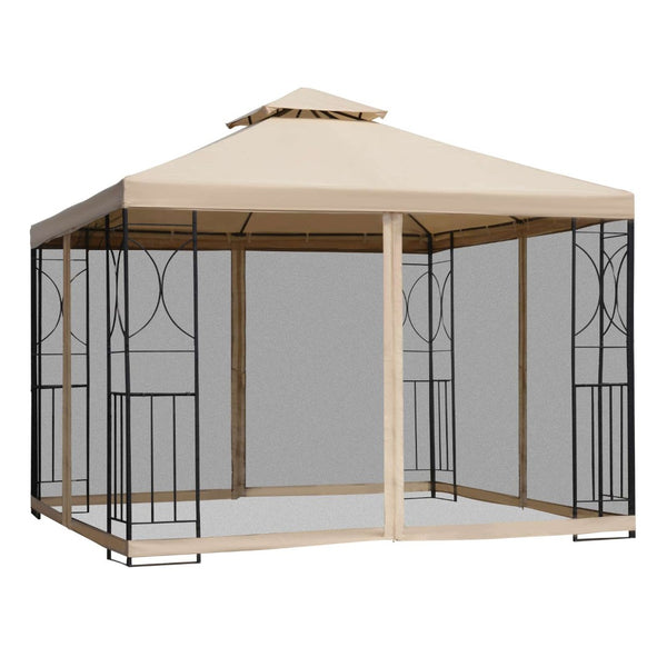 English Elm Outsunny 10' X 10' Durable Patio Gazebo With Corner Shelves, Netting & Vented Roof For Outdoor Relaxing W2225P174253-GIGA