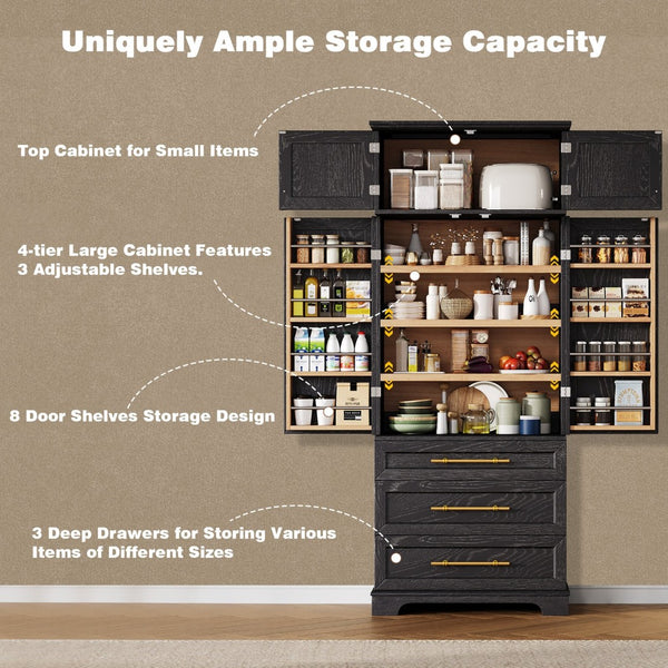 English Elm K&k Farmhouse Pantry Cabinet Tall Freestanding Kitchen Storage with Drawers Shelves Black N707P356569B