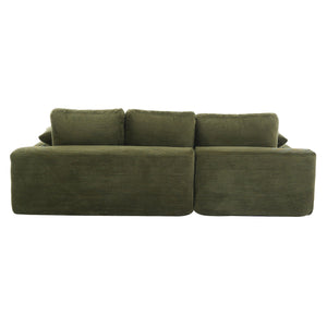 English Elm Green corduroy compressed sofa with 3 back cushions & 2 throw pillows — soft, resilient, space-saving comfort W3612S00016