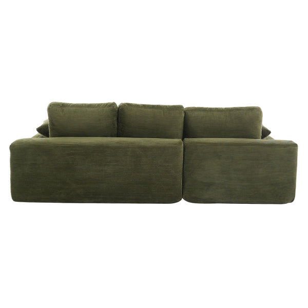 English Elm Green corduroy compressed sofa with 3 back cushions & 2 throw pillows — soft, resilient, space-saving comfort W3612S00016