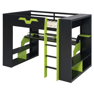 English Elm Full Size Gaming Loft Bed with Rgb Lighting Built-in Desk and Usb Charging Ports Green LT000275AAF
